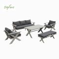 Conjuntos de sofás de salón de exterior de diseño moderno al por mayor con mesa con patas en X y banco - 11C12B