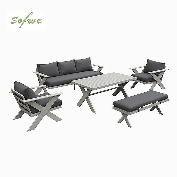 Conjuntos de sofás de salón de exterior de diseño moderno al por mayor con mesa con patas en X y banco - 11C12B
