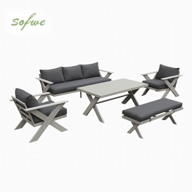 Conjuntos de sofás de salón de exterior de diseño moderno al por mayor con mesa con patas en X y banco - 11C12B