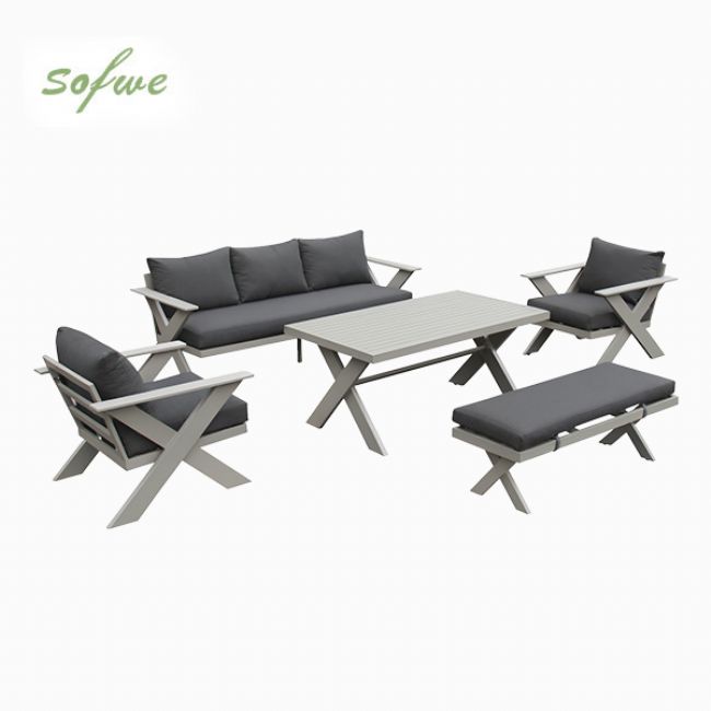 Conjuntos de sofás de salón de exterior de diseño moderno al por mayor con mesa con patas en X y banco - 11C12B