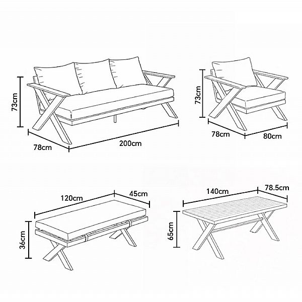 Conjuntos de sofás de salón de exterior de diseño moderno al por mayor con mesa con patas en X y banco - 11C12B