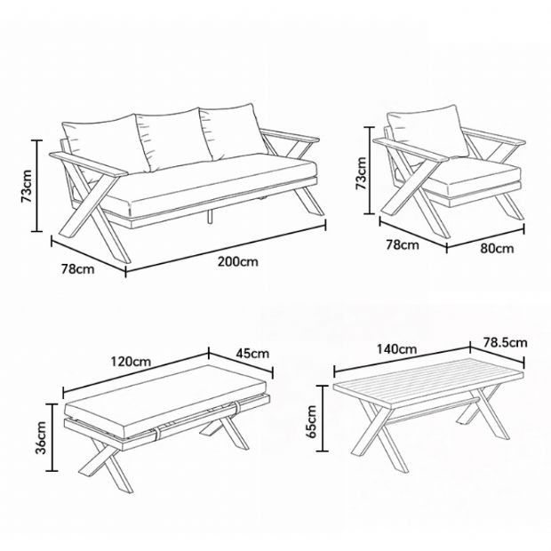 Conjuntos de sofás de salón de exterior de diseño moderno al por mayor con mesa con patas en X y banco - 11C12B