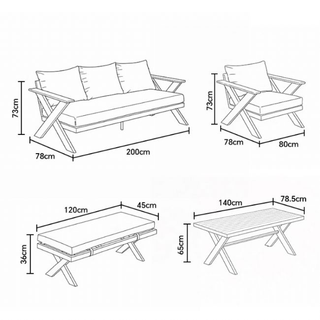 Conjuntos de sofás de salón de exterior de diseño moderno al por mayor con mesa con patas en X y banco - 11C12B