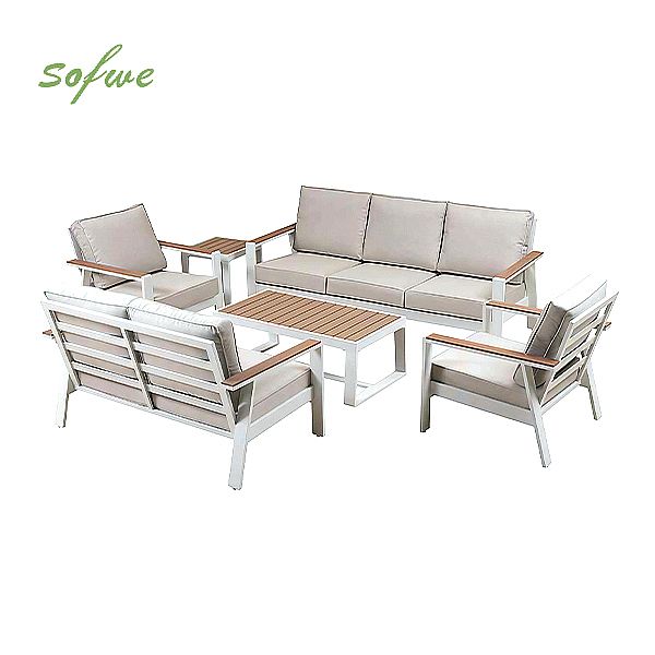 Conjunto de sofás de aluminio con recubrimiento en polvo para exteriores de 6 piezas con mesa de listones de WPC al por mayor - 11C12C