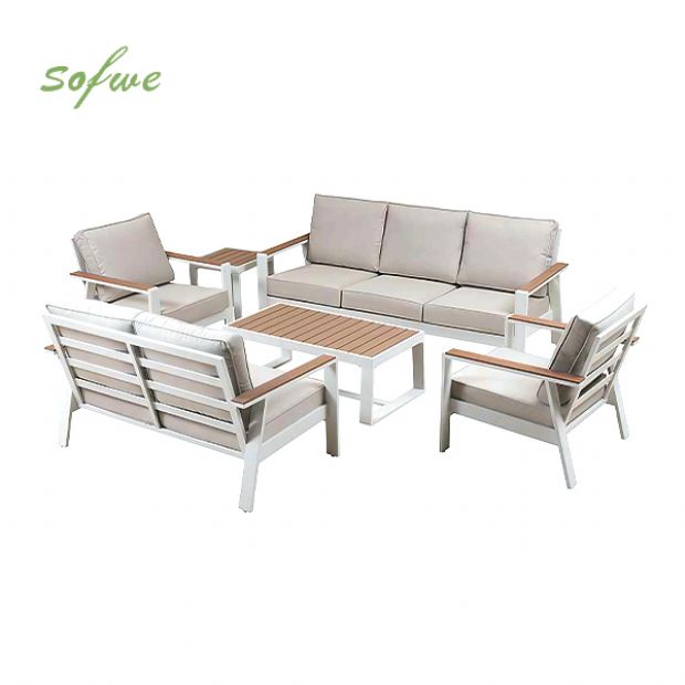Conjunto de sofás de aluminio con recubrimiento en polvo para exteriores de 6 piezas con mesa de listones de WPC al por mayor - 11C12C