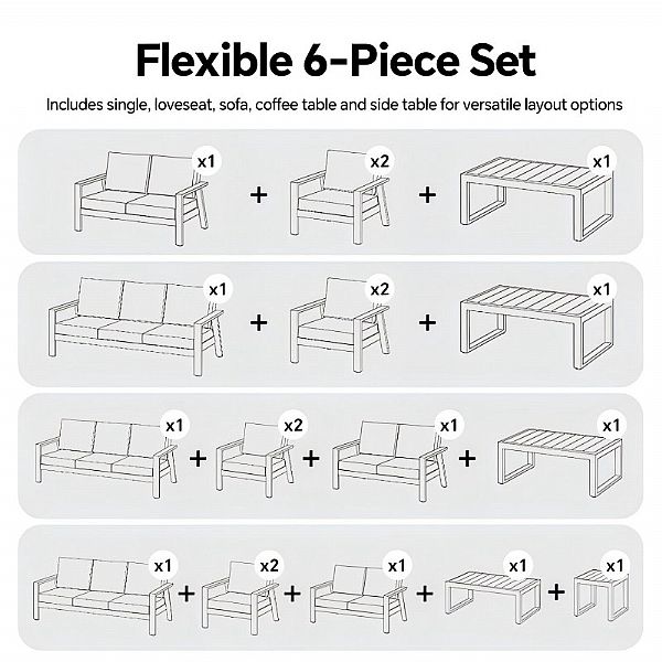 Conjunto de sofás de aluminio con recubrimiento en polvo para exteriores de 6 piezas con mesa de listones de WPC al por mayor - 11C12C