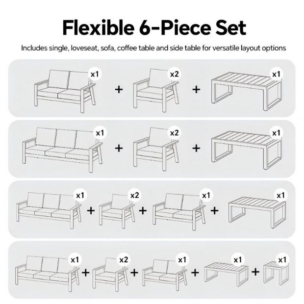 Conjunto de sofás de aluminio con recubrimiento en polvo para exteriores de 6 piezas con mesa de listones de WPC al por mayor - 11C12C