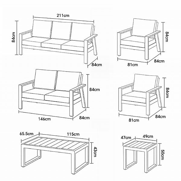 Conjunto de sofás de aluminio con recubrimiento en polvo para exteriores de 6 piezas con mesa de listones de WPC al por mayor - 11C12C