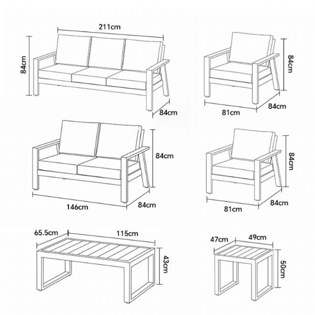 Conjunto de sofás de aluminio con recubrimiento en polvo para exteriores de 6 piezas con mesa de listones de WPC al por mayor - 11C12C