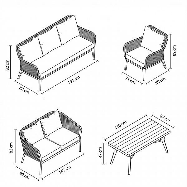Conjunto de sofás tejidos con cuerda para todo tipo de clima al por mayor con mesa de centro de aluminio para exteriores - 11C12D