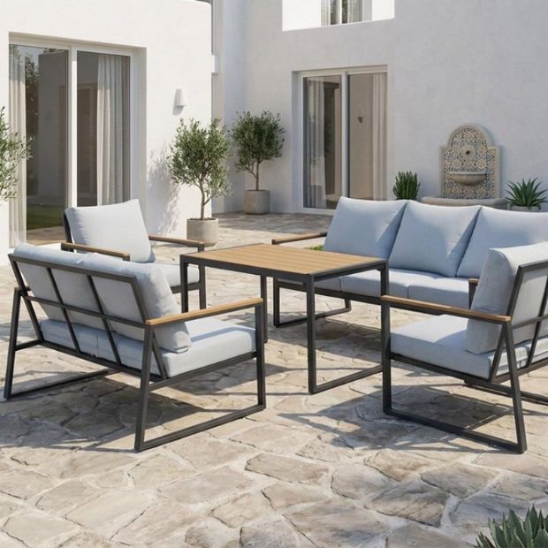 Conjunto de sofás de jardín modernos y compactos al aire libre, conjunto de 5 piezas con estructura de acero - 11C12E