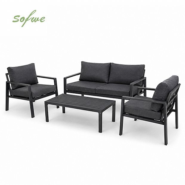 HF Patios Venta al por Mayor de Fábrica Conjunto de Sofá de Jardín de Aluminio de 4 Piezas con Cojines Gruesos y Mesa de Centro para Espacios Exteriores - 11C12F
