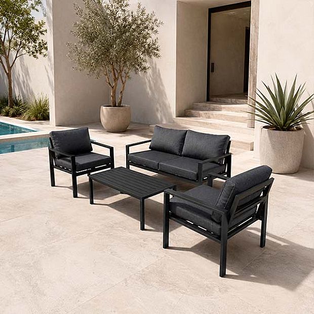 HF Patios Venta al por Mayor de Fábrica Conjunto de Sofá de Jardín de Aluminio de 4 Piezas con Cojines Gruesos y Mesa de Centro para Espacios Exteriores - 11C12F