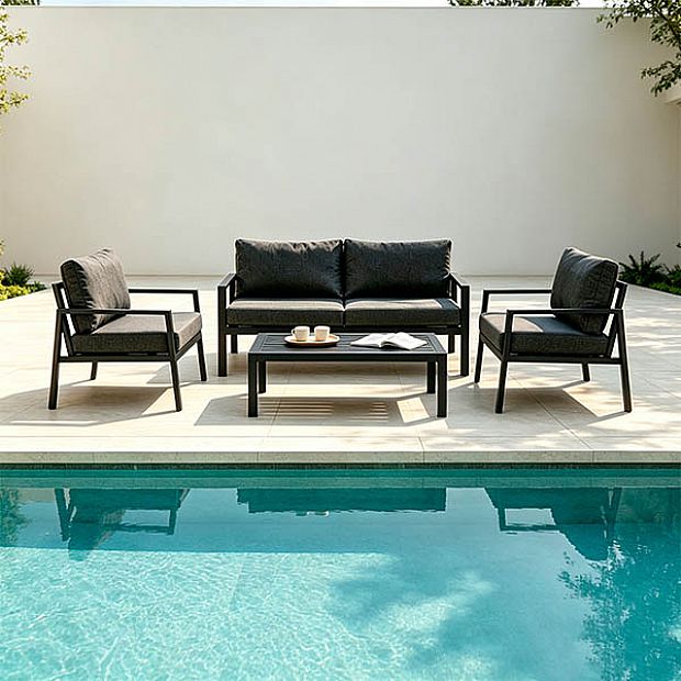 HF Patios Venta al por Mayor de Fábrica Conjunto de Sofá de Jardín de Aluminio de 4 Piezas con Cojines Gruesos y Mesa de Centro para Espacios Exteriores - 11C12F