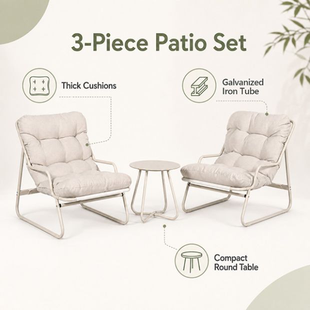Conjunto de salón de exterior de 3 piezas al por mayor, con cojines gruesos y mesa redonda de cristal, para balcón, jardín y exteriores - 11C12J
