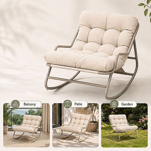 Sillón mecedora de exterior al por mayor, con cojín grueso de olefina y estructura de hierro galvanizado, para el suministro de mobiliario de jardín y terraza - 11C12K