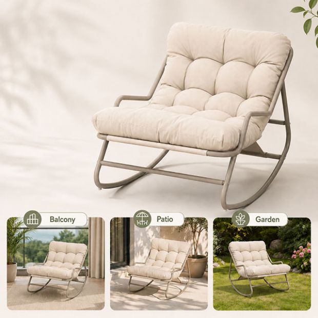 Sillón mecedora de exterior al por mayor, con cojín grueso de olefina y estructura de hierro galvanizado, para el suministro de mobiliario de jardín y terraza - 11C12K
