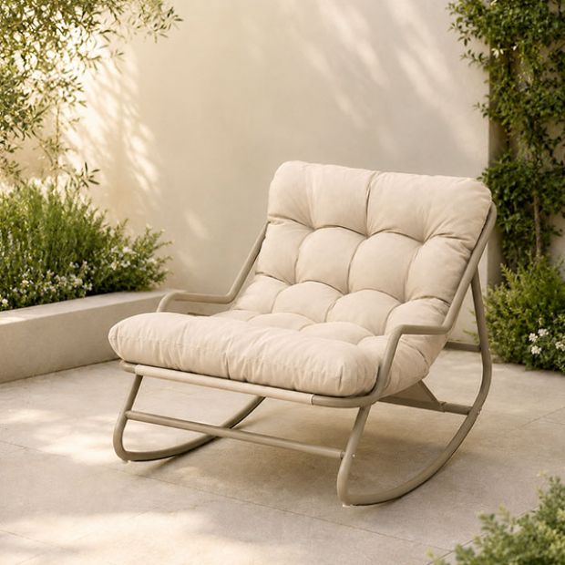 Sillón mecedora de exterior al por mayor, con cojín grueso de olefina y estructura de hierro galvanizado, para el suministro de mobiliario de jardín y terraza - 11C12K