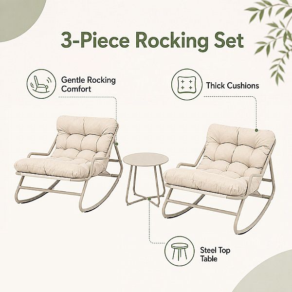 Conjunto de 3 piezas para exterior con mecedoras, cojines gruesos de olefina y mesa con tablero de acero, para suministro de mobiliario de jardín para balcones (venta al por mayor) - 11C12L