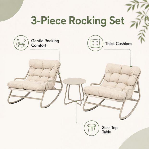 Conjunto de 3 piezas para exterior con mecedoras, cojines gruesos de olefina y mesa con tablero de acero, para suministro de mobiliario de jardín para balcones (venta al por mayor) - 11C12L